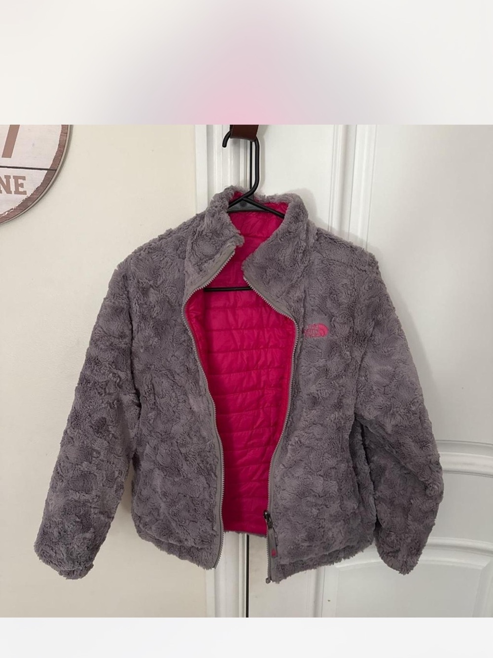 The North Face Plush Gray Fleece Jacket with Hot Pink Quilted Lining